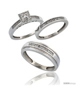 Size 7 - 14k White Gold 3-Piece Trio His (6mm) &amp; Hers (2.5mm) Diamond We... - £1,029.36 GBP