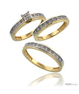 Size 8.5 - 14k Gold 3-Piece Trio His (4mm) &amp; Hers (4mm) Diamond Wedding ... - £1,036.20 GBP