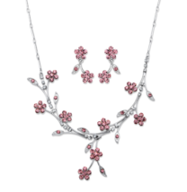 Pink Crystal Flora Wine Drop Earrings Necklace Set Silvertone - £79.92 GBP