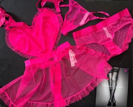 Victoria&#39;s Secret L HEART Apron BABYDOLL TEDDY+M panty HOT PINK mesh sat... - $118.79