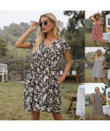 V-Neck Floral Floral Print Short-Sleeved Loose Pocket Dress - $29.99