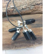 Black Tourmaline Raw Crystal Pendant with leather Chain October Birthstone - $15.99