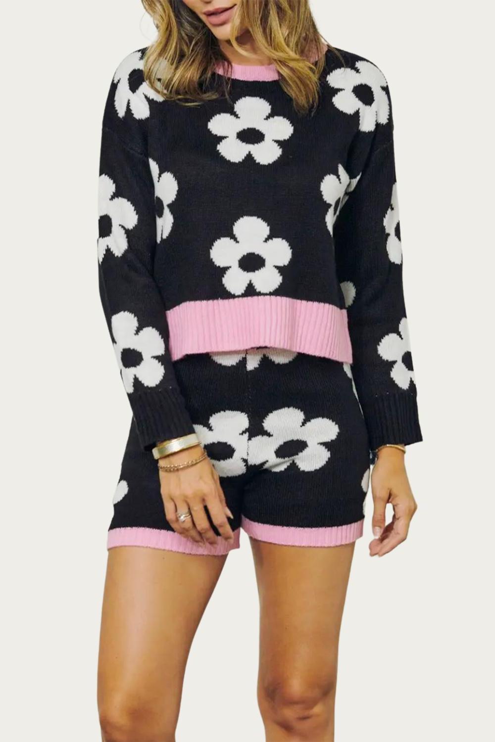 J.nna Retro Floral Knit Crewneck Cropped Sweater Black/white/pink - $32.00