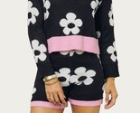 J.nna Retro Floral Knit Crewneck Cropped Sweater Black/white/pink - $32.00