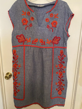 Linen Embroidered Midi Floral Boho Lagenlook Dress Sz 16 - $44.00