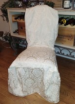 Classic Tie Back Damask Dining Room Chair Covers Ivory/Beige Slipcover 2pc Set - £39.21 GBP