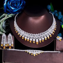 4pcs Shiny Yellow Cubic Zirconia Silver Color Luxury Nigerian Dubai Bridal Weddi - £74.56 GBP