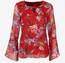 Cabi Bell Sleeve Blouse Top Womens XS Red Floral Chiffon Keyhole Lined - £14.38 GBP