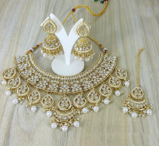 Indian Bollywood Gold Plated Glass Kundan Choker Necklace Pearl Jewelry Set - £37.35 GBP