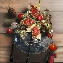 Vintage Etched Glass Christmas Ornament Embellished Pointsettia Beads Metal 4x3&quot; - $12.86