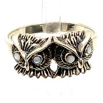Vintage Sterling Silver Signed 925 Double Head Owl with Moonstone Eyes Ring sz 8 - £33.23 GBP