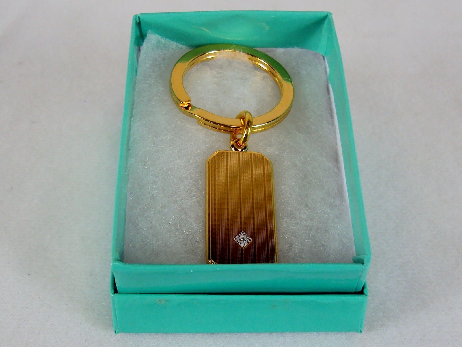 Gold Tone Stainless Steel Key Ring ~ w/Textured Lines & Gemstone ~ # 5230190 - $9.75