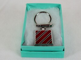 Stainless Steel Key Ring ~ w/Diagonal Black &amp; Red Enameled Stripes ~ # 5230280 - £7.61 GBP