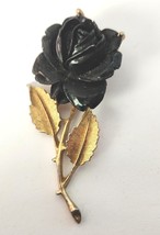 Black Carved Resin Rose Brooch Pin in a Brushed Gold Tone Setting Large Vintage - £22.11 GBP
