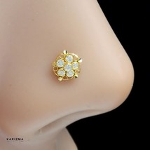 18K Real Gold Indian Women White CZ floral style nose stud nose ring Push Pin - £27.51 GBP