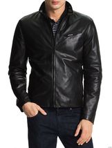 Men&#39;s Genuine Lambskin Leather Jacket Black Slim fit Motorcycle jacket - MJ050 - £80.41 GBP+