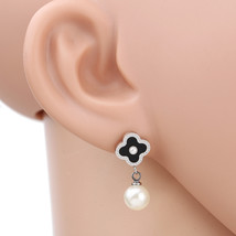 Silver Tone Post Earrings With Faux Onyx Clover &amp; Drop Pearl - £20.03 GBP