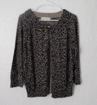 Loft Brown Animal Print Knit Cardigan Sweater Top Button Up Elastic Neck Large - $15.83