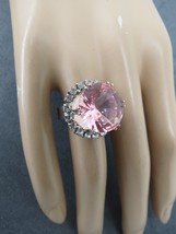 Vintage Adjustable Ring Huge Pink Glass Stone 16mm Size 8 Silver Tone Rhinestone - £17.64 GBP