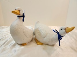 Pair of Vintage White Porcelian Ducks/ Geese Blue Bow Figurines Farmhouse Decor - £18.20 GBP