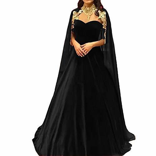 Plus Size Long Velvet Formal Prom Evening Dress with Gold Lace Cape Black US 16W