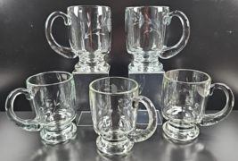 5 Princess House Heritage Large Mugs Set Clear Floral Etch Footed Handle... - $125.60
