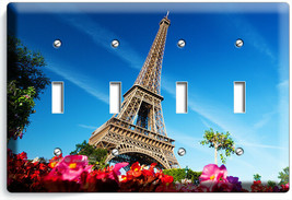 Eiffel Tower Flowers Paris Europe Floral Blue Sky 4GANG Light Switch Plate Decor - £14.38 GBP