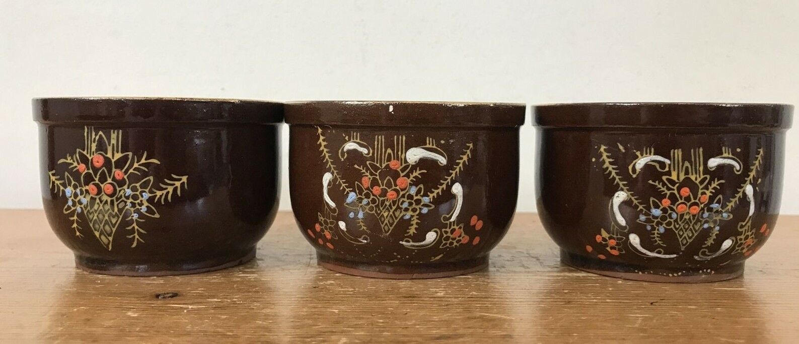 Primary image for Set Lot 3 Vtg Japanese Clay Pottery Brown Redware Glazed Floral Miso Tea Cups 3"