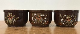 Set Lot 3 Vtg Japanese Clay Pottery Brown Redware Glazed Floral Miso Tea Cups 3&quot; - £39.49 GBP