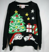 NWT Merry Christmas Fuzzy Black Sweater With Cat &amp; Christmas Tree Designs XL - £15.00 GBP