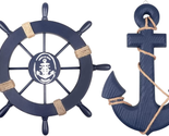 2 Pack 11&quot; Nautical Beach Wooden Ship Wheel and 13&quot; Wooden Anchor with R... - $35.96
