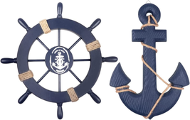 2 Pack 11&quot; Nautical Beach Wooden Ship Wheel and 13&quot; Wooden Anchor with Rope Naut - £28.64 GBP