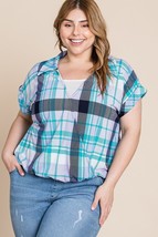 Women&#39;s Plus Size Jade Check Printed Casual Collared Top (2XL) - $25.74