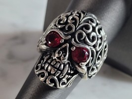 Mens Sterling Silver Ruby Eyed Skull Goth Ring 13.8g E6981 - £75.17 GBP