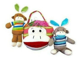 Sock Monkey Bunny Lot Easter Basket and 2 Sock Monkeys Blue Green 3pcs Dan Dee - £9.34 GBP