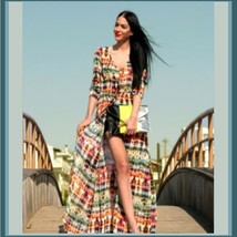 Long Chiffon Maxi Multi Color Front Button Up Casual End of Summer Beach Dress