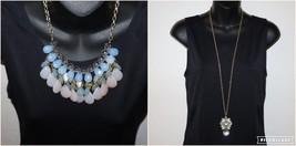 Lot Light Off-white Blue Necklace Gold Tone Dangle Pendant Chandelier Fl... - $20.00