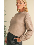 Smoke Gray Pearl Drop Shoulder Round Neck Sweater - $44.30