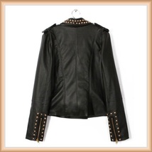 Gold Rivet Collar Black Faux Leather Retro Moto Jacket with Zipper Sleeves image 3