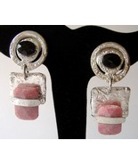 Precious Pink Black Crystal Earrings Semi Precious Stone Silver Clip On  - £70.32 GBP