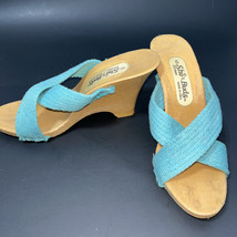 Vintage Shu Buds Shoes Sandals Wedge Y2K Size 5 USA Blue Canvas Hard Pla... - $21.99