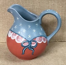 Vintage Country Chic Hand Painted Art Pottery Blue Bow Creamer Mini Pitcher - $11.88