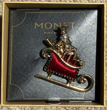 Monet Christmas Sleigh Resin &amp; Rhinestone Brooch Pin In Box - £11.98 GBP