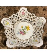 Vintage Porcelain Reticulated Bowl Dish Florals Gold accents White China... - $34.29