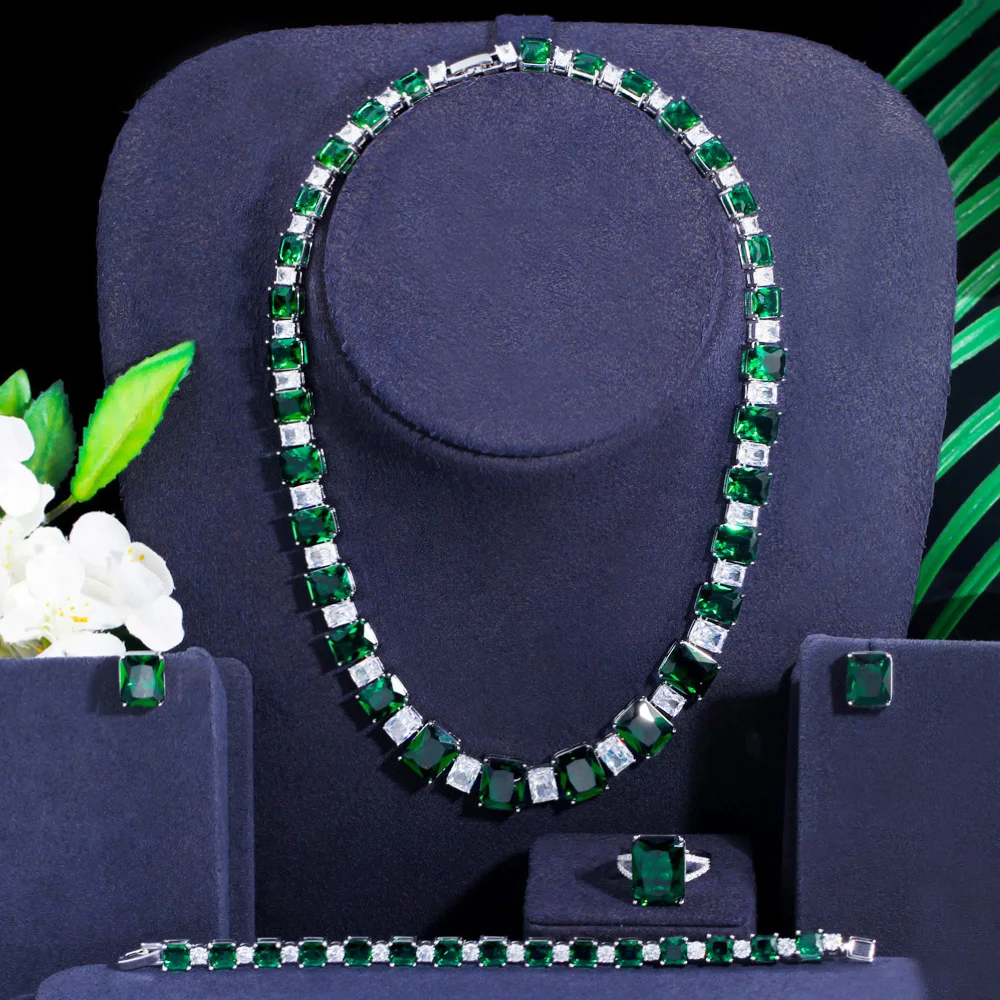 Superb Green Princess Cut CZ Zircon Round Choker Necklace Earrings Bracelets Rin - £54.89 GBP