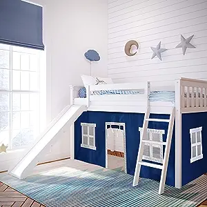 Low Loft Bed, Twin Bed Frame For Kids With Slide And Curtains For Bottom... - $665.99