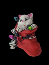 Vintage Cat Wrapped w Christmas Lights in Stocking Lapel Pin - $8.81