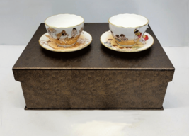 Momkid Hand Painting Craft Korea Genre Painting 2 Cups &amp; Saucers Gold Rim Box - £21.63 GBP