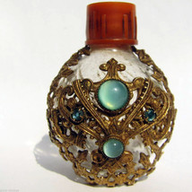 Vintage Perfume Bottle Empty Glass Nice Brass Floral Theme Ornate Decorated - £23.46 GBP
