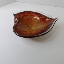 Murano Glass Heart Leaf 9&quot; Bowl Gold Foil Amber Orange Red Vintage Italian Art - £55.38 GBP